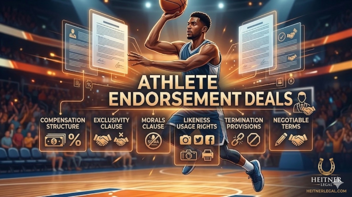 A basketball player jumps in a stadium, surrounded by glowing digital text panels and icons for Heitner Legal explaining contract terms like Compensation, Exclusivity, Morals, Likeness, Termination, and Negotiable Terms