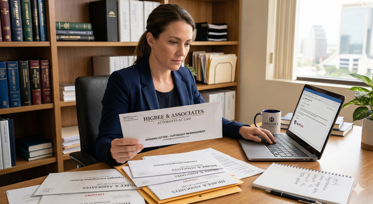 An attorney at Heitner Legal reviewing a Higbee & Associates copyright infringement demand letter on a desk with legal reference books and a laptop.