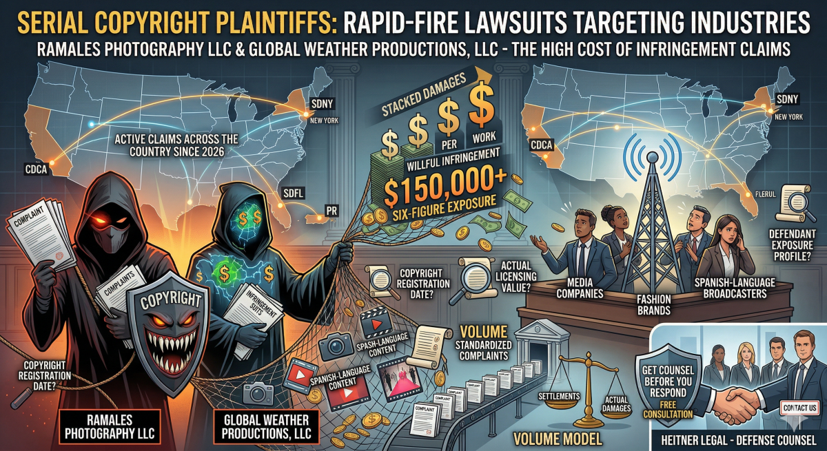 This is a complex infographic warning media companies, fashion brands, and Spanish-language broadcasters about a wave of "serial" copyright infringement lawsuits filed by plaintiffs like Ramales Photography LLC and Global Weather Productions, LLC, since 2026. The image depicts hooded, adversarial figures (plaintiffs) holding complaints, ensnaring business people with nets full of cameras, media symbols, and stacks of money. Text headers highlight "$150,000+ Six-Figure Exposure" for willful infringement and "Stacked Damages." A U.S. map shows a nationwide reach, marking districts like SDNY, CDCA, SDFL, and PR. The graphic also breaks down the "Volume Model" with an assembly line of standardized complaints, a scale weighing "Settlements" and "Actual Damages," and lists key "Threshold Issues" to investigate, such as "Copyright Registration Date?" and "Ownership Chain?". The final panel emphasizes, "GET COUNSEL BEFORE YOU RESPOND" with a handshake representing "HEITNER LEGAL – DEFENSE COUNSEL."