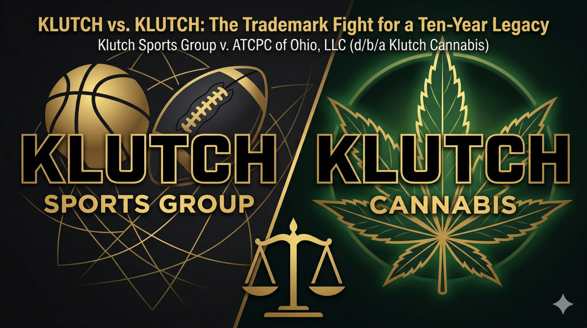 A split-screen featured image depicting a legal trademark dispute. On the left side, representing Klutch Sports Group, are a gold basketball and football with text reading 'KLUTCH SPORTS GROUP.' On the right side, representing Klutch Cannabis, is a large green cannabis leaf with text reading 'KLUTCH CANNABIS.' The image uses a black and gold color scheme and a specific block font. A gold graphic of the scales of justice is at the bottom, and a headline at the top reads, 'KLUTCH vs. KLUTCH: The Trademark Fight for a Ten-Year Legacy.'