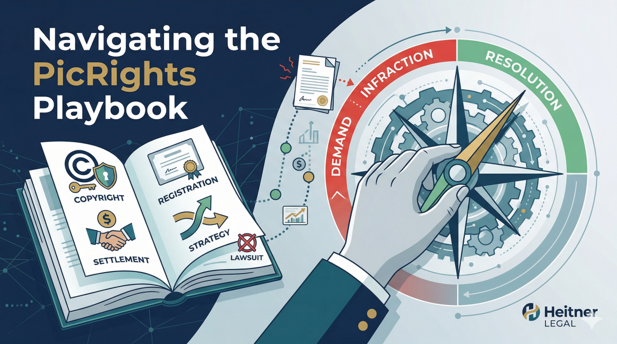 A digital illustration of a hand guiding a compass needle from a copyright demand letter toward a settlement resolution, with playbook icons representing copyright law and Heitner Legal strategy